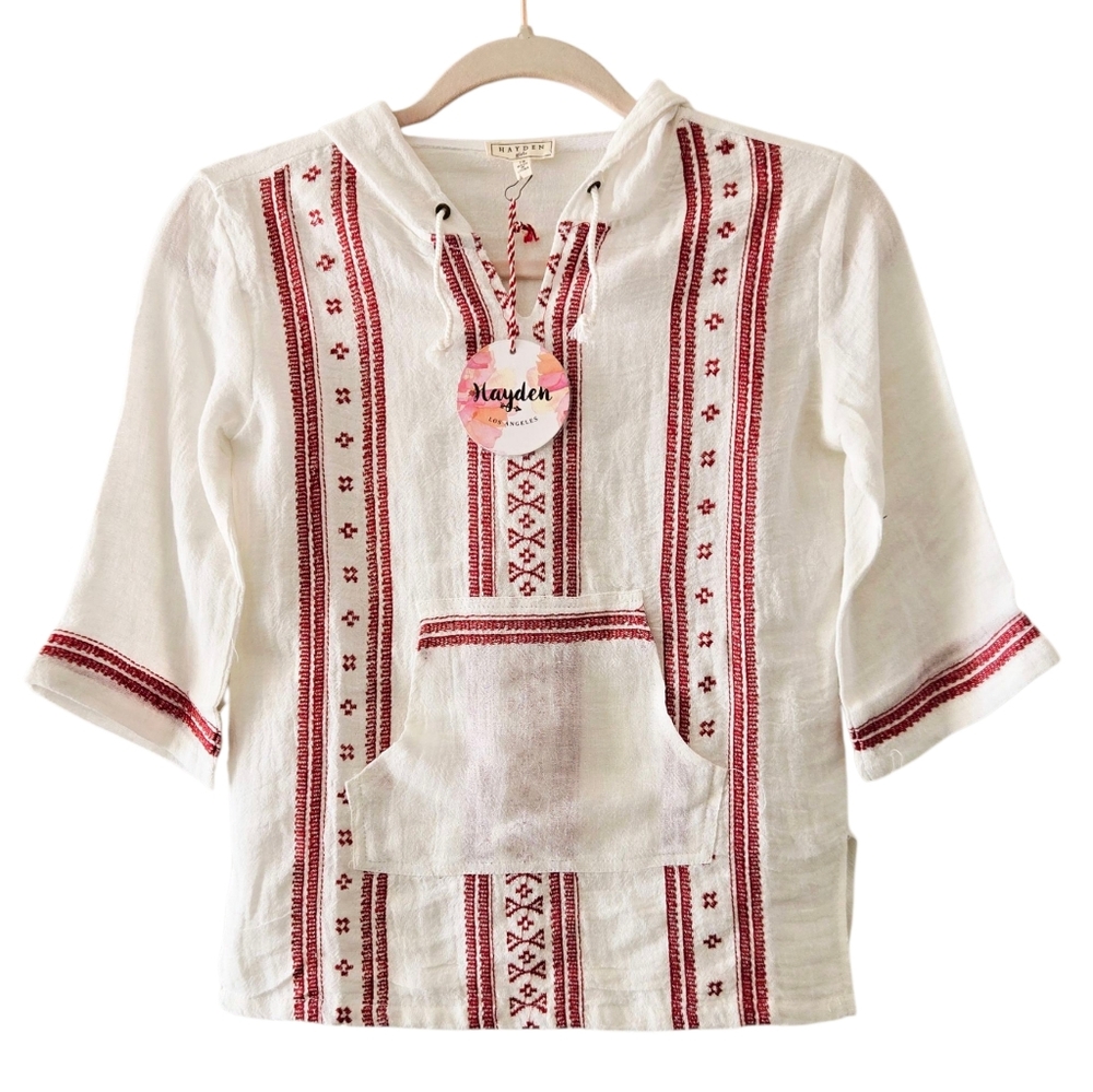 HAYDEN Girls Red Embroidered Cotton Gauze Hoodie Kangaroo Pocket White sz 7/8